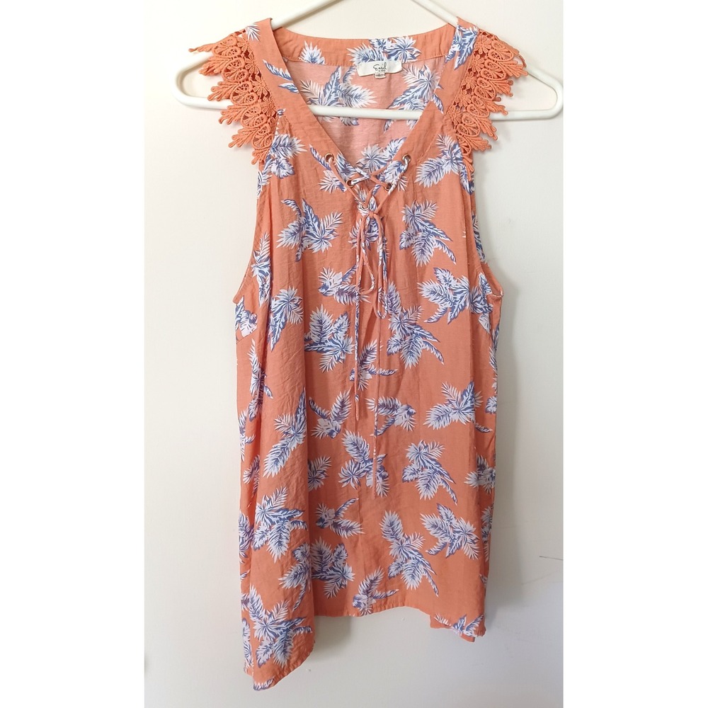 Easel Los Angeles Peach Tropical Palm Print Lace Up Crochet Trim Tank Top L